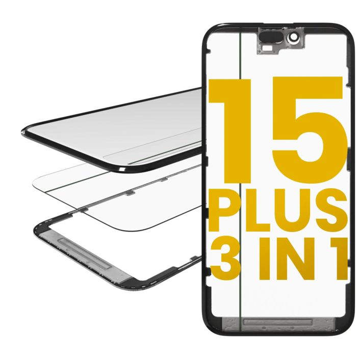 3 in 1 (Glas mit OCA vormontiert + Rahmen) für iPhone 15 Plus (OCA Master)