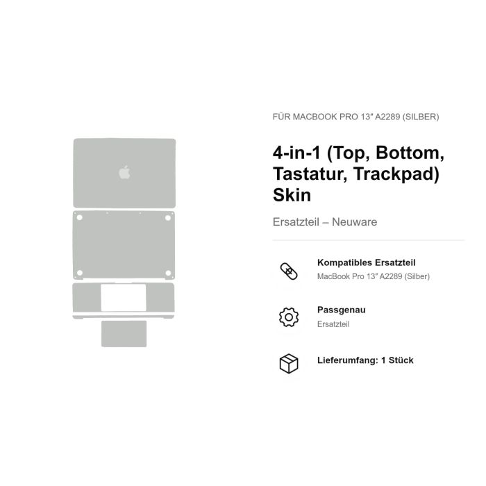 4-in-1 (Top, Bottom, Tastatur, Trackpad) Skin für MacBook Pro 13" A2289 (Silber)